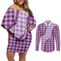 Violet Hawaii Palaka Couples Matching Off Shoulder Short Dress and Long Sleeve Button Shirt Hawaiian Pikake Lei LT05 Violet - Polynesian Pride