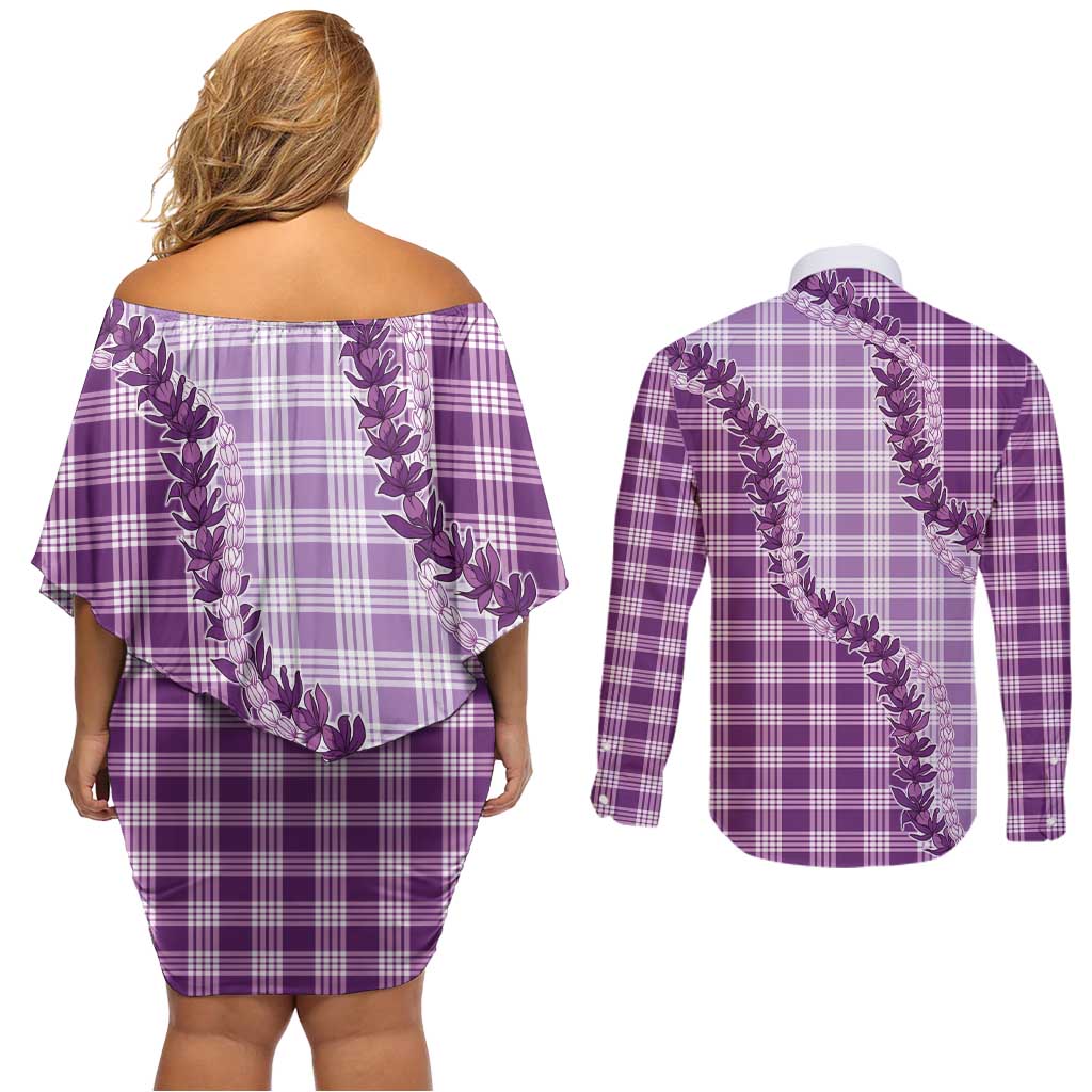 Violet Hawaii Palaka Couples Matching Off Shoulder Short Dress and Long Sleeve Button Shirt Hawaiian Pikake Lei LT05 - Polynesian Pride