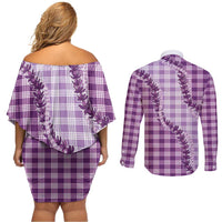 Violet Hawaii Palaka Couples Matching Off Shoulder Short Dress and Long Sleeve Button Shirt Hawaiian Pikake Lei LT05 - Polynesian Pride
