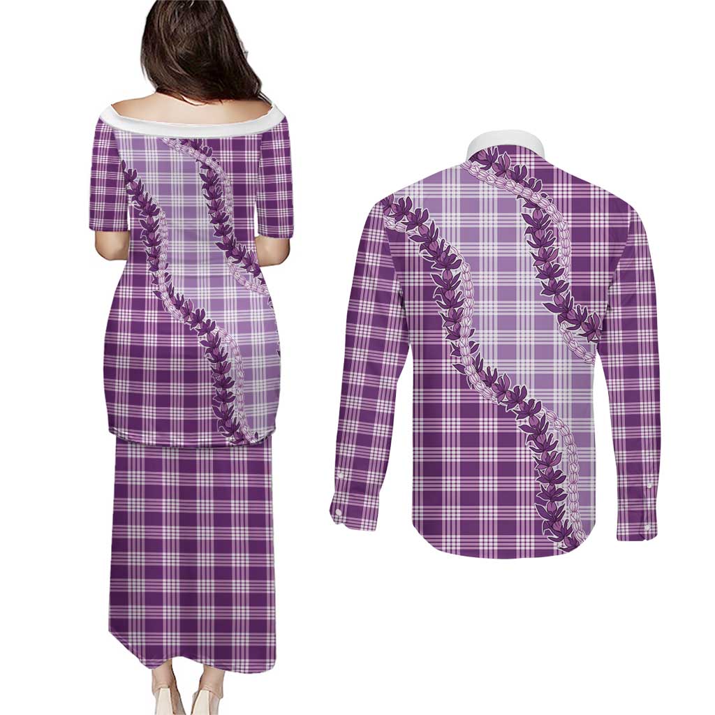 Violet Hawaii Palaka Couples Matching Puletasi and Long Sleeve Button Shirt Hawaiian Pikake Lei