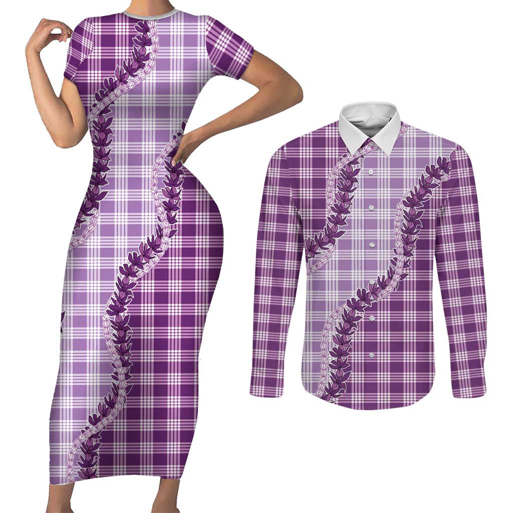Violet Hawaii Palaka Couples Matching Short Sleeve Bodycon Dress and Long Sleeve Button Shirt Hawaiian Pikake Lei LT05 Violet - Polynesian Pride