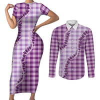 Violet Hawaii Palaka Couples Matching Short Sleeve Bodycon Dress and Long Sleeve Button Shirt Hawaiian Pikake Lei LT05 Violet - Polynesian Pride