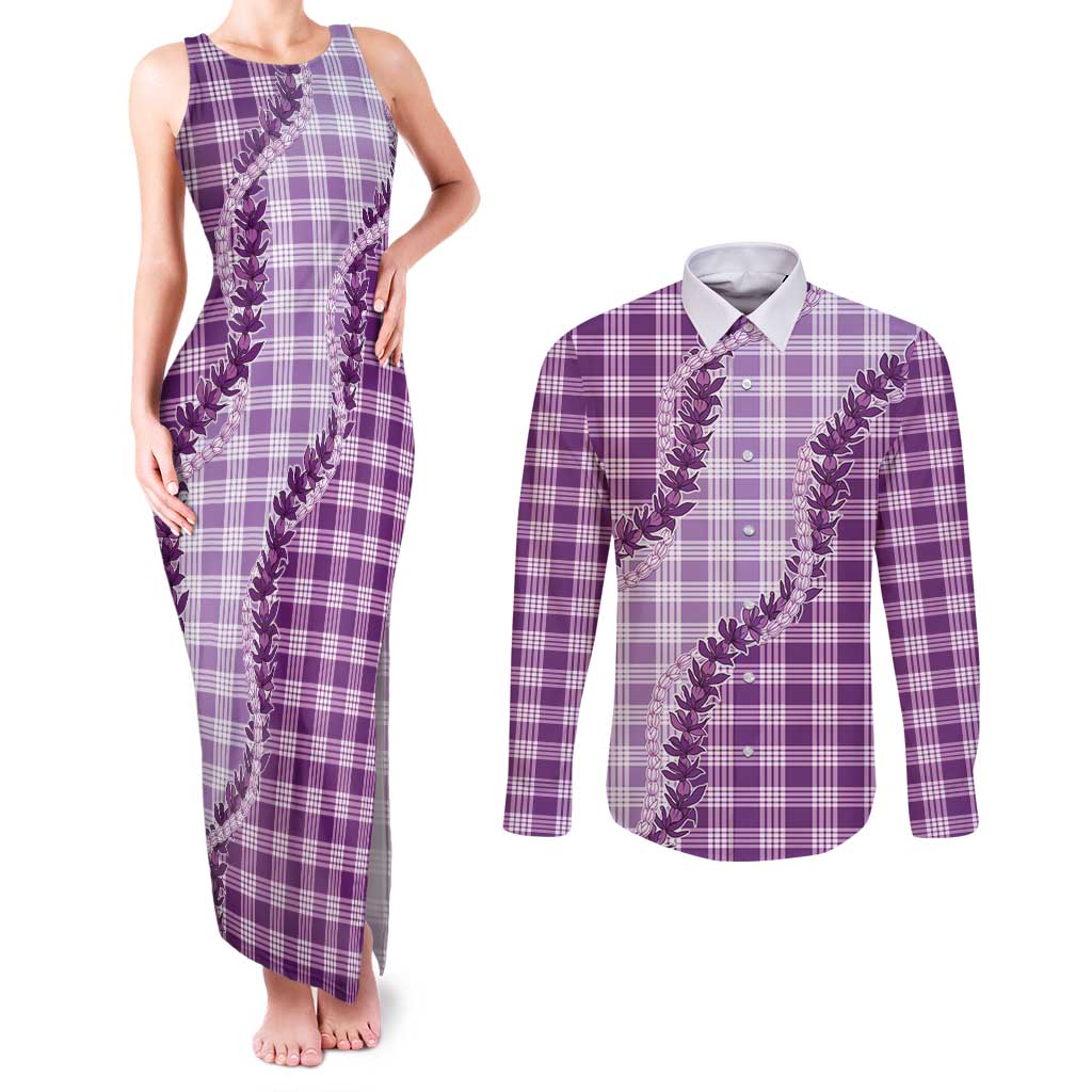 Violet Hawaii Palaka Couples Matching Tank Maxi Dress and Long Sleeve Button Shirt Hawaiian Pikake Lei LT05 Violet - Polynesian Pride
