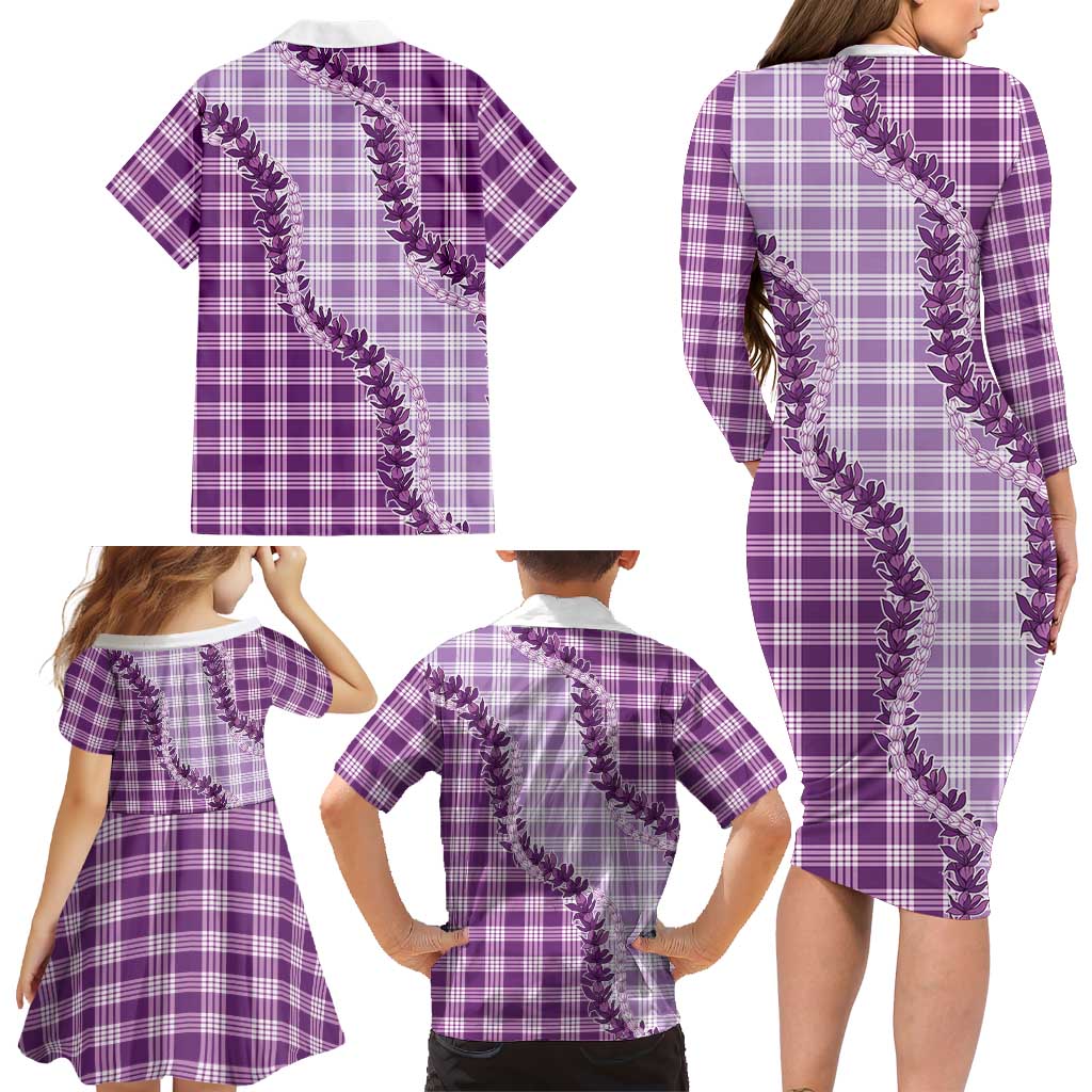 Violet Hawaii Palaka Family Matching Long Sleeve Bodycon Dress and Hawaiian Shirt Hawaiian Pikake Lei LT05 - Polynesian Pride