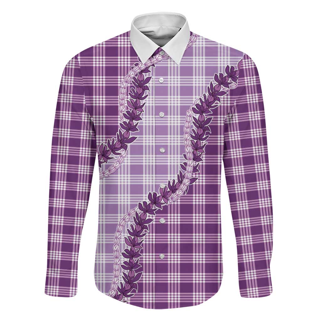 Violet Hawaii Palaka Family Matching Long Sleeve Bodycon Dress and Hawaiian Shirt Hawaiian Pikake Lei LT05 Dad's Shirt - Long Sleeve Violet - Polynesian Pride