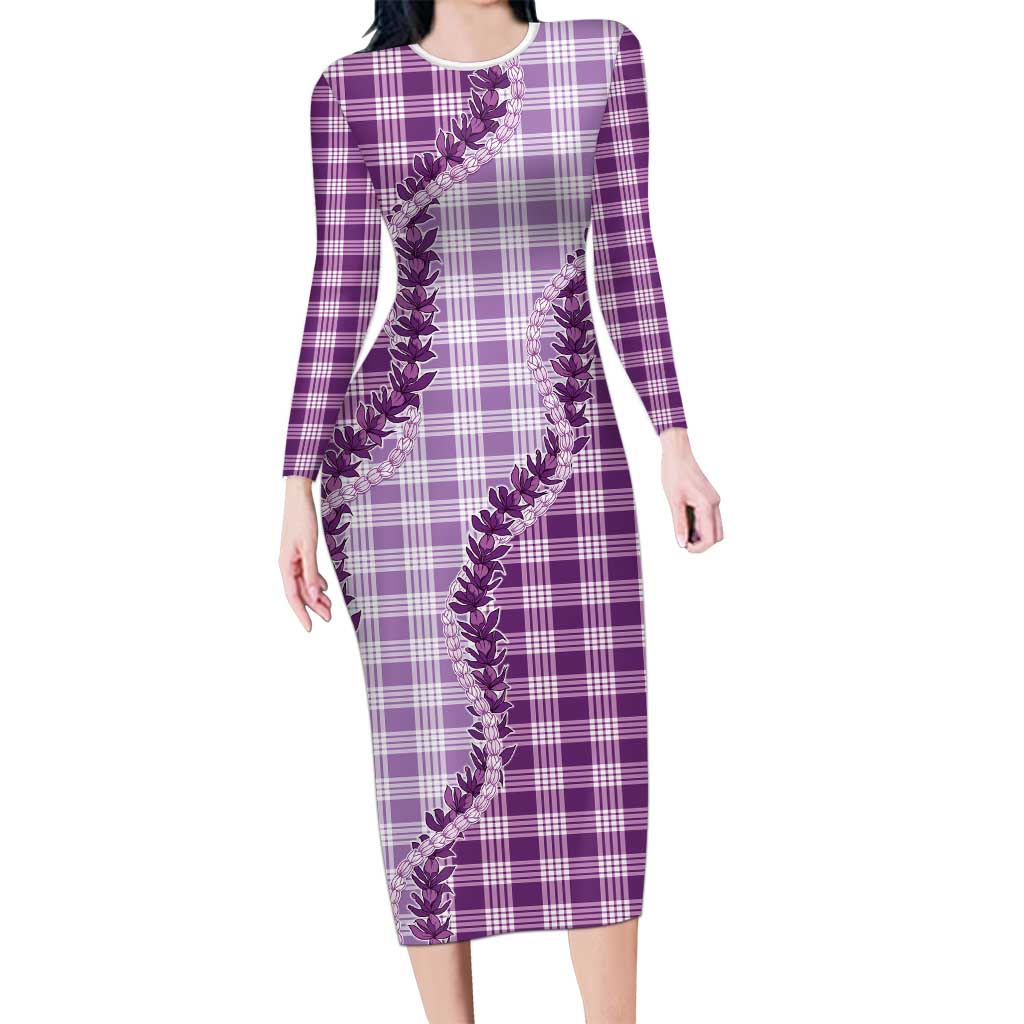 Violet Hawaii Palaka Family Matching Long Sleeve Bodycon Dress and Hawaiian Shirt Hawaiian Pikake Lei LT05 Mom's Dress Violet - Polynesian Pride