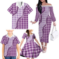 Violet Hawaii Palaka Family Matching Off The Shoulder Long Sleeve Dress and Hawaiian Shirt Hawaiian Pikake Lei