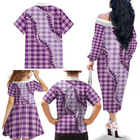Violet Hawaii Palaka Family Matching Off The Shoulder Long Sleeve Dress and Hawaiian Shirt Hawaiian Pikake Lei