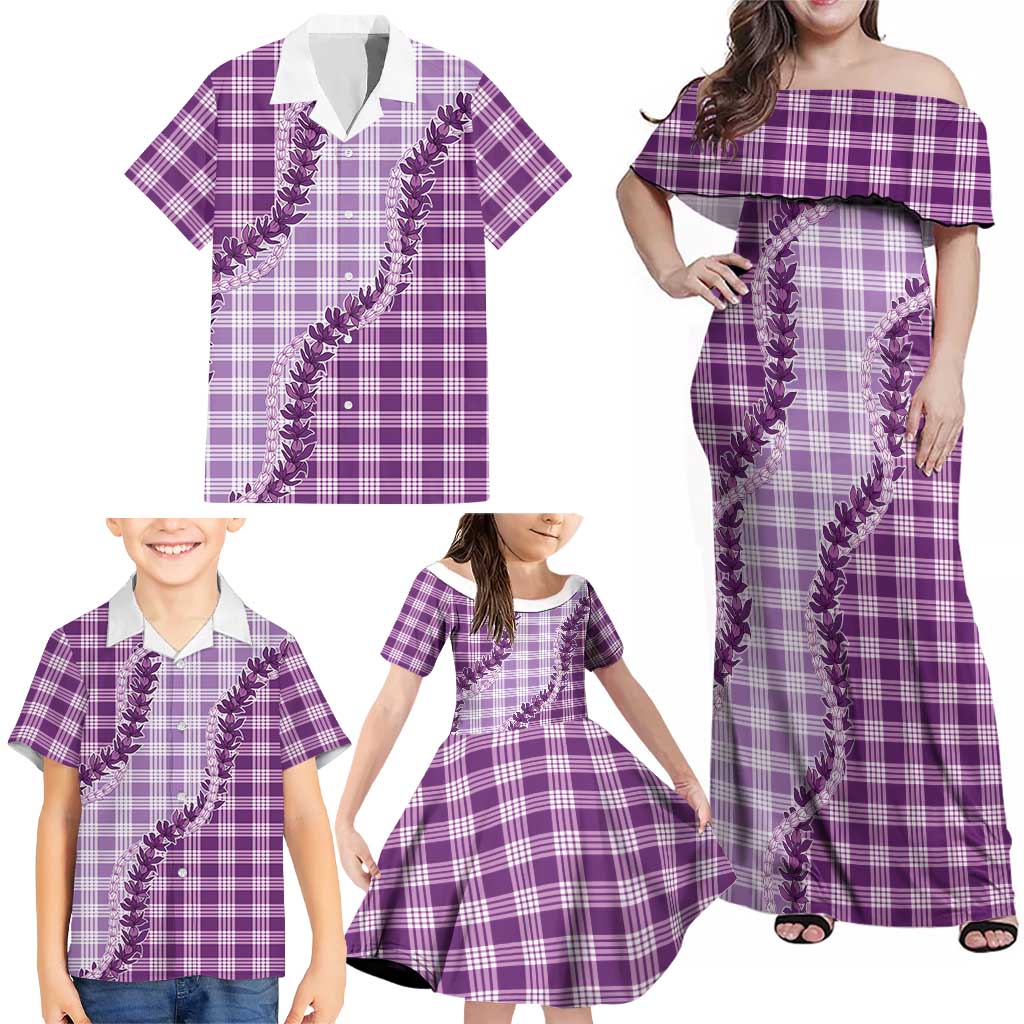 Violet Hawaii Palaka Family Matching Off Shoulder Maxi Dress and Hawaiian Shirt Hawaiian Pikake Lei