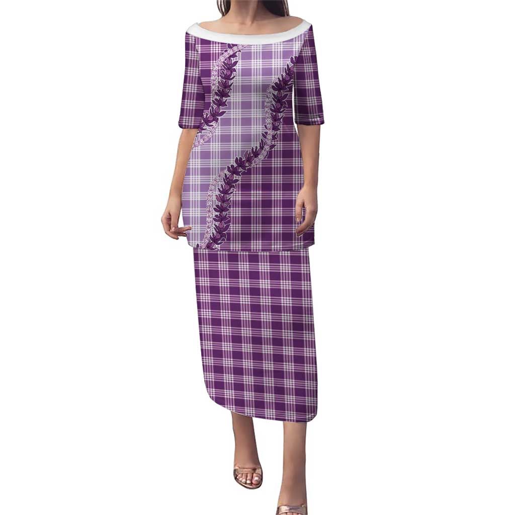 Violet Hawaii Palaka Family Matching Puletasi and Hawaiian Shirt Hawaiian Pikake Lei