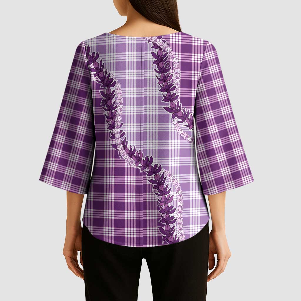 Violet Hawaii Palaka Kimono Sleeve Blouse Hawaiian Pikake Lei