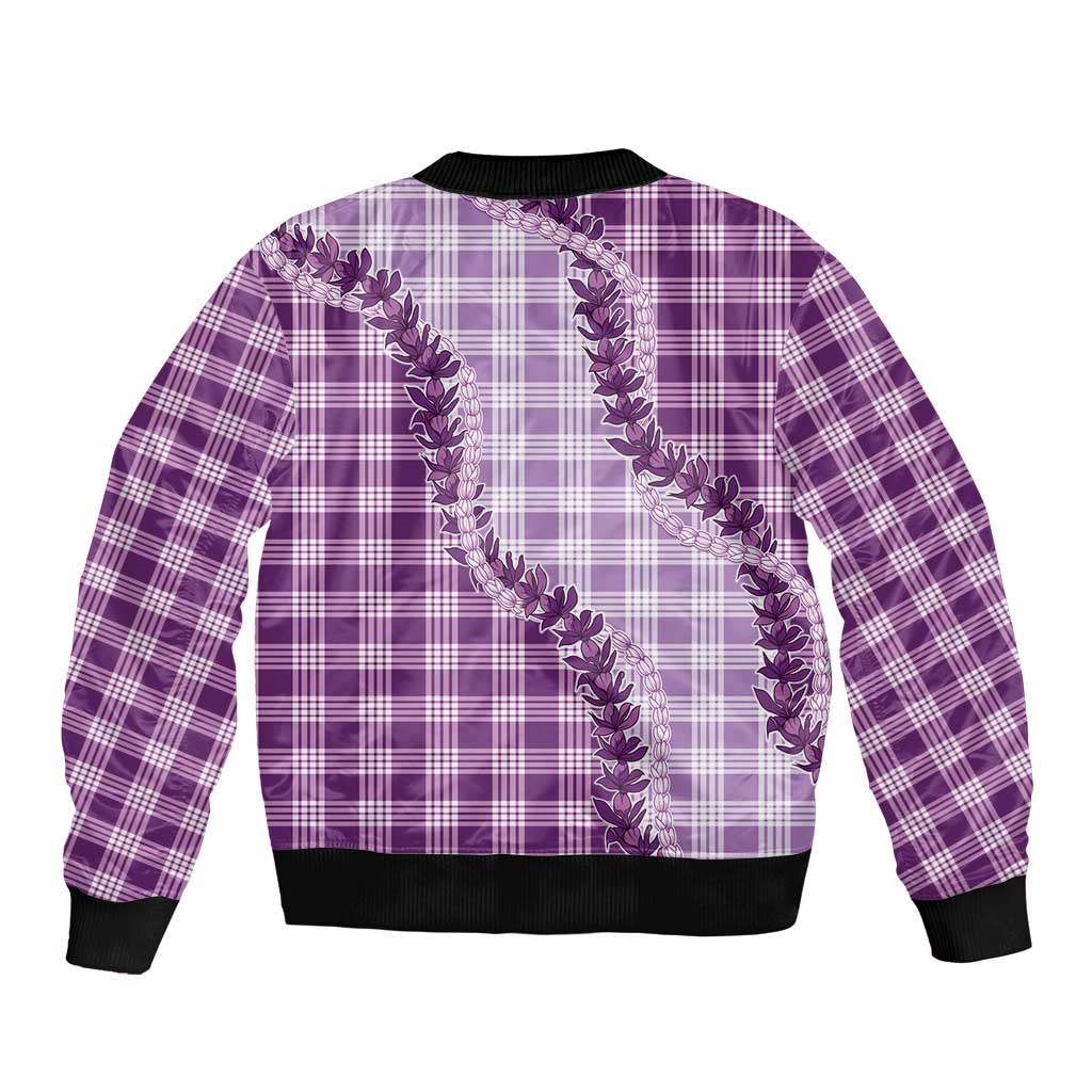 Violet Hawaii Palaka Sleeve Zip Bomber Jacket Hawaiian Pikake Lei