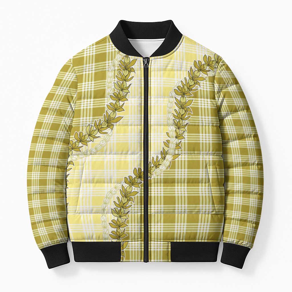 Yellow Hawaii Palaka Bomber Puffer Jacket Hawaiian Pikake Lei