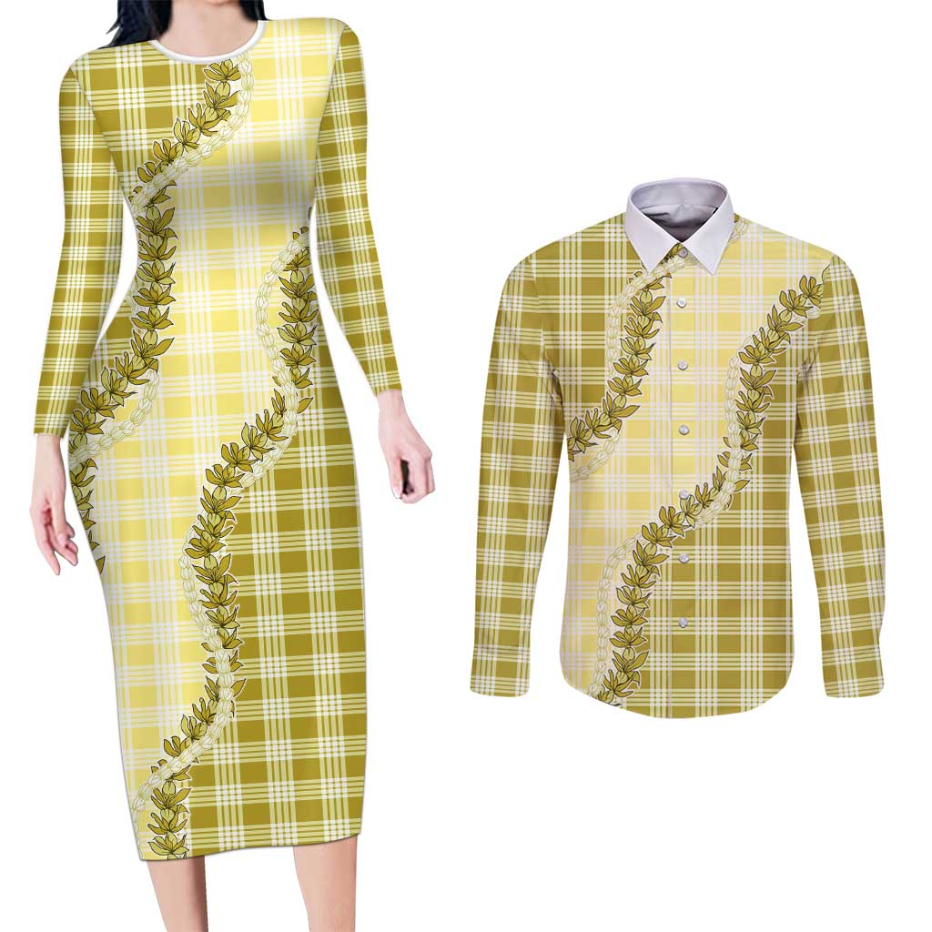 Yellow Hawaii Palaka Couples Matching Long Sleeve Bodycon Dress and Long Sleeve Button Shirt Hawaiian Pikake Lei
