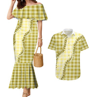 Yellow Hawaii Palaka Couples Matching Mermaid Dress and Hawaiian Shirt Hawaiian Pikake Lei
