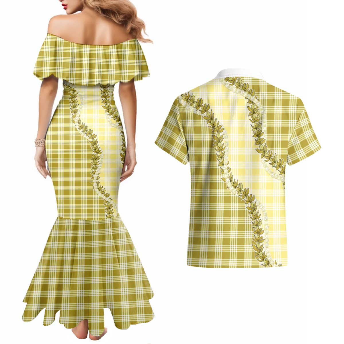 Yellow Hawaii Palaka Couples Matching Mermaid Dress and Hawaiian Shirt Hawaiian Pikake Lei