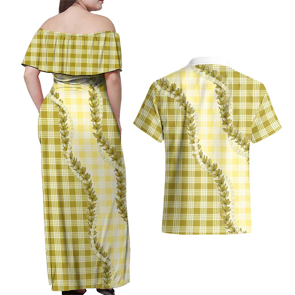 Yellow Hawaii Palaka Couples Matching Off Shoulder Maxi Dress and Hawaiian Shirt Hawaiian Pikake Lei