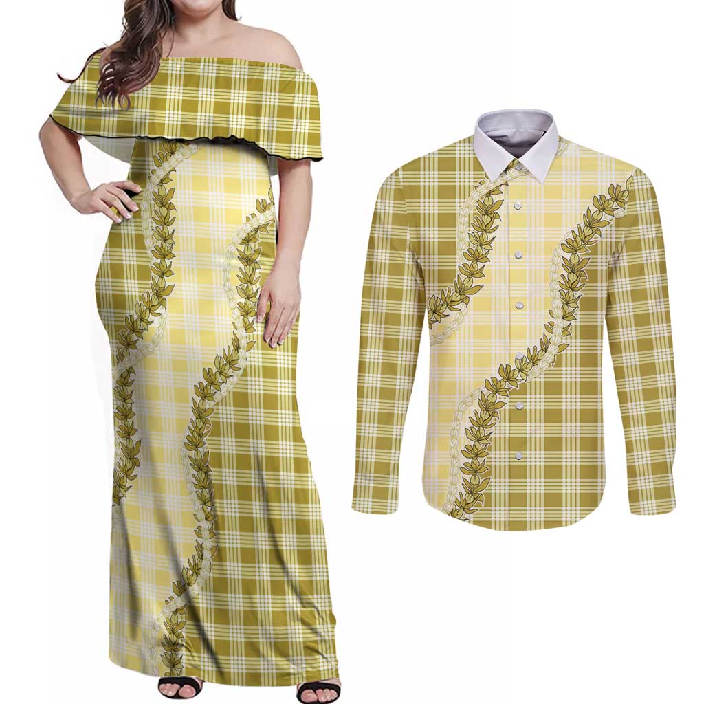 Yellow Hawaii Palaka Couples Matching Off Shoulder Maxi Dress and Long Sleeve Button Shirt Hawaiian Pikake Lei LT05 Yellow - Polynesian Pride