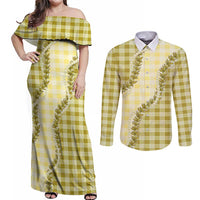 Yellow Hawaii Palaka Couples Matching Off Shoulder Maxi Dress and Long Sleeve Button Shirt Hawaiian Pikake Lei LT05 Yellow - Polynesian Pride