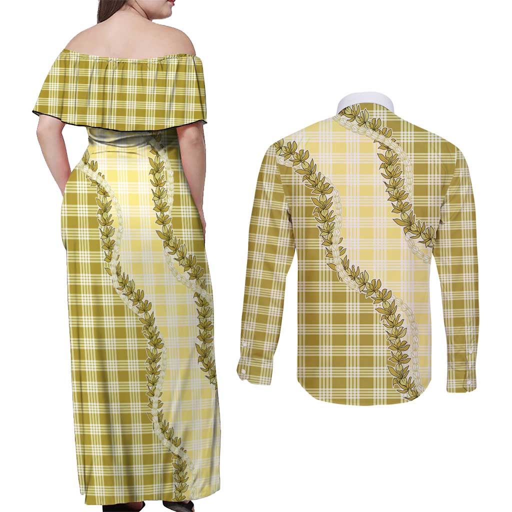 Yellow Hawaii Palaka Couples Matching Off Shoulder Maxi Dress and Long Sleeve Button Shirt Hawaiian Pikake Lei LT05 - Polynesian Pride