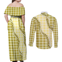 Yellow Hawaii Palaka Couples Matching Off Shoulder Maxi Dress and Long Sleeve Button Shirt Hawaiian Pikake Lei LT05 - Polynesian Pride