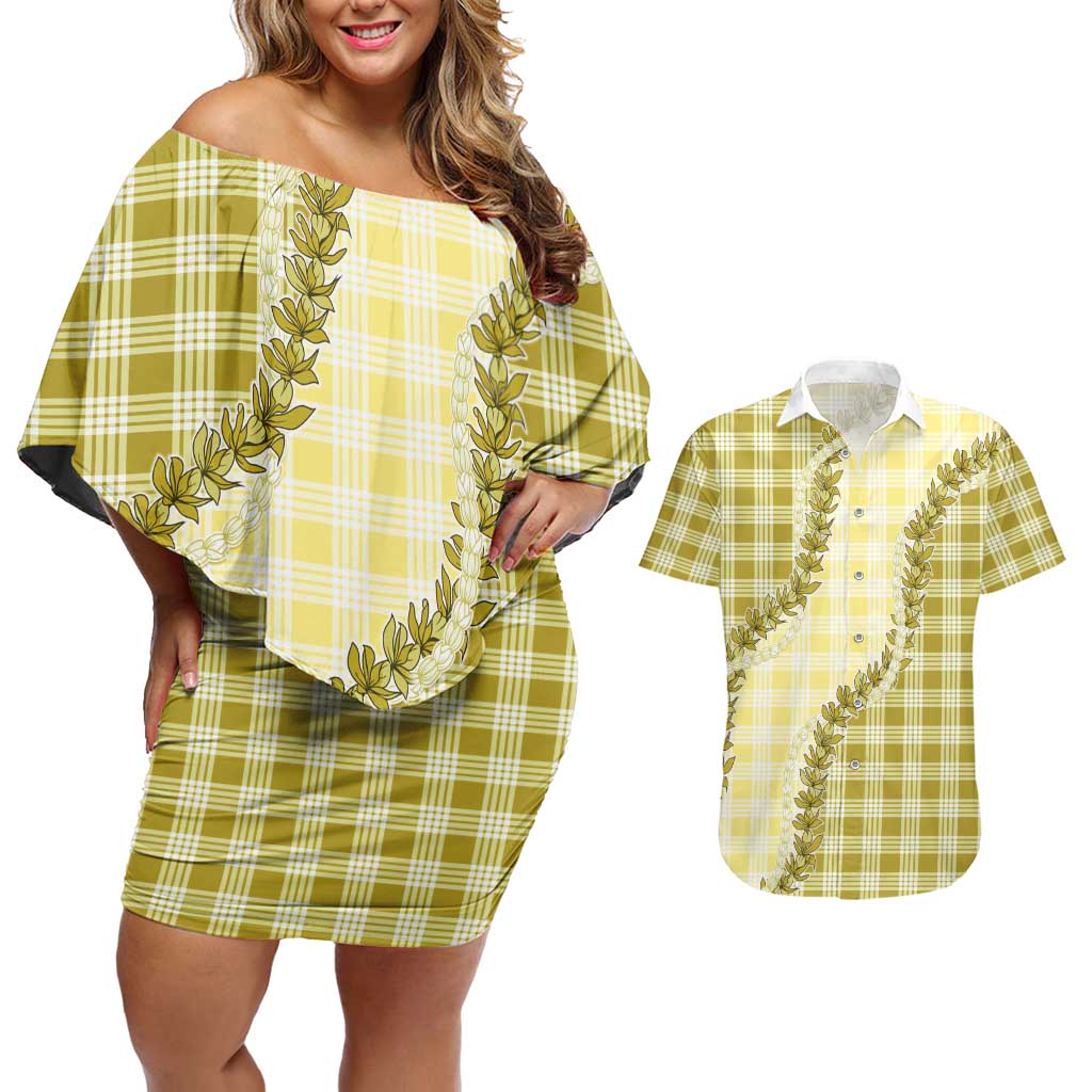 Yellow Hawaii Palaka Couples Matching Off Shoulder Short Dress and Hawaiian Shirt Hawaiian Pikake Lei