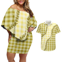 Yellow Hawaii Palaka Couples Matching Off Shoulder Short Dress and Hawaiian Shirt Hawaiian Pikake Lei