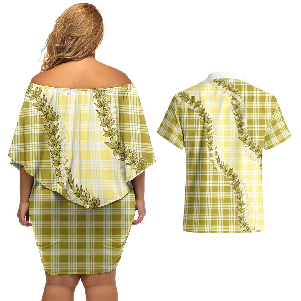 Yellow Hawaii Palaka Couples Matching Off Shoulder Short Dress and Hawaiian Shirt Hawaiian Pikake Lei