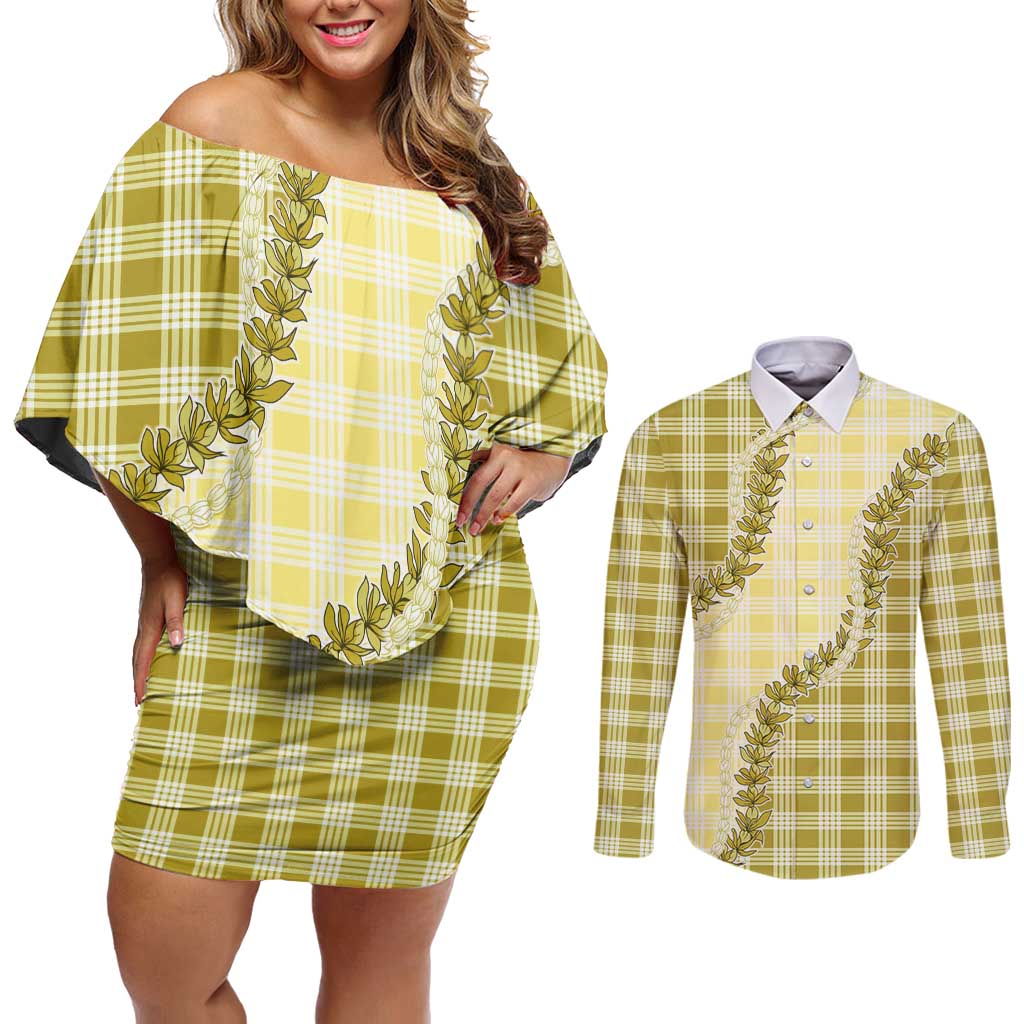Yellow Hawaii Palaka Couples Matching Off Shoulder Short Dress and Long Sleeve Button Shirt Hawaiian Pikake Lei