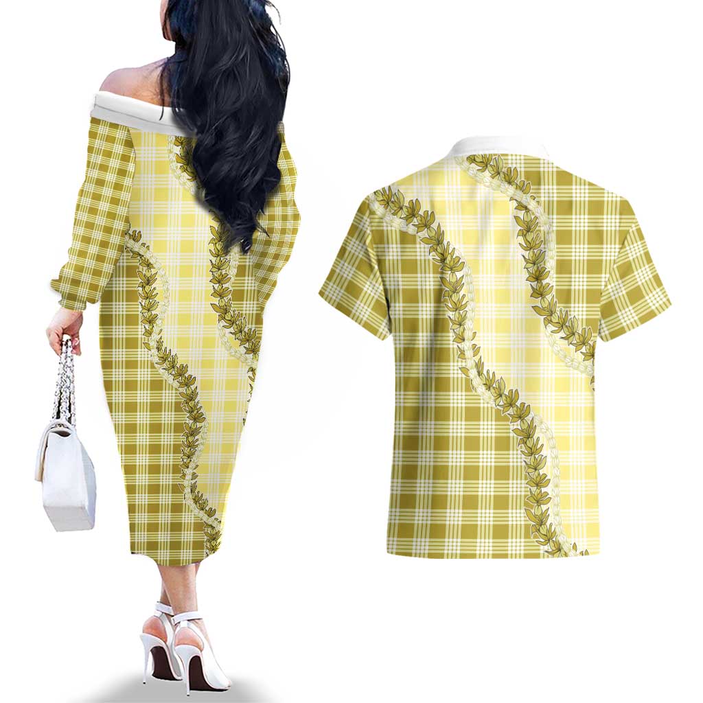 Yellow Hawaii Palaka Couples Matching Off The Shoulder Long Sleeve Dress and Hawaiian Shirt Hawaiian Pikake Lei