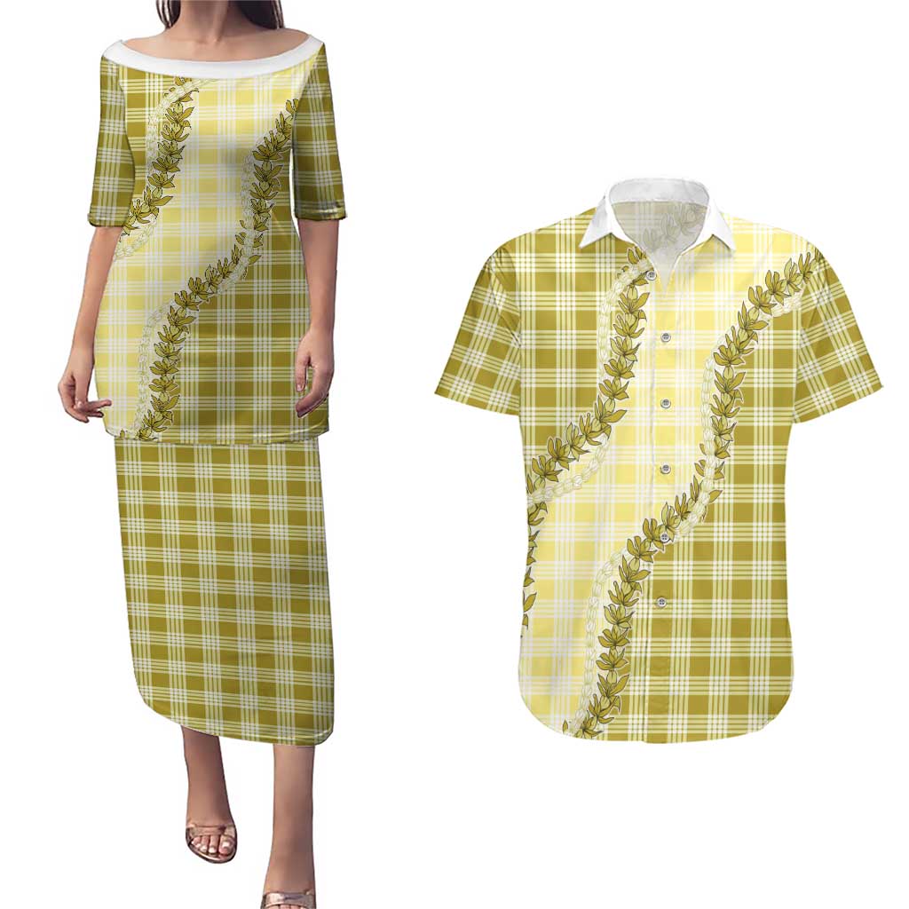 Yellow Hawaii Palaka Couples Matching Puletasi and Hawaiian Shirt Hawaiian Pikake Lei LT05 Yellow - Polynesian Pride