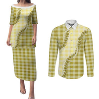 Yellow Hawaii Palaka Couples Matching Puletasi and Long Sleeve Button Shirt Hawaiian Pikake Lei