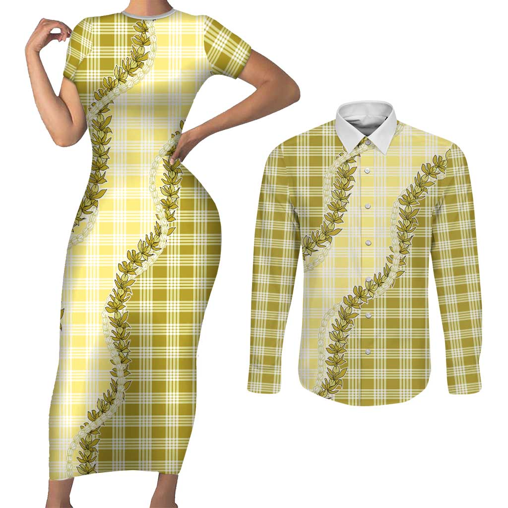 Yellow Hawaii Palaka Couples Matching Short Sleeve Bodycon Dress and Long Sleeve Button Shirt Hawaiian Pikake Lei