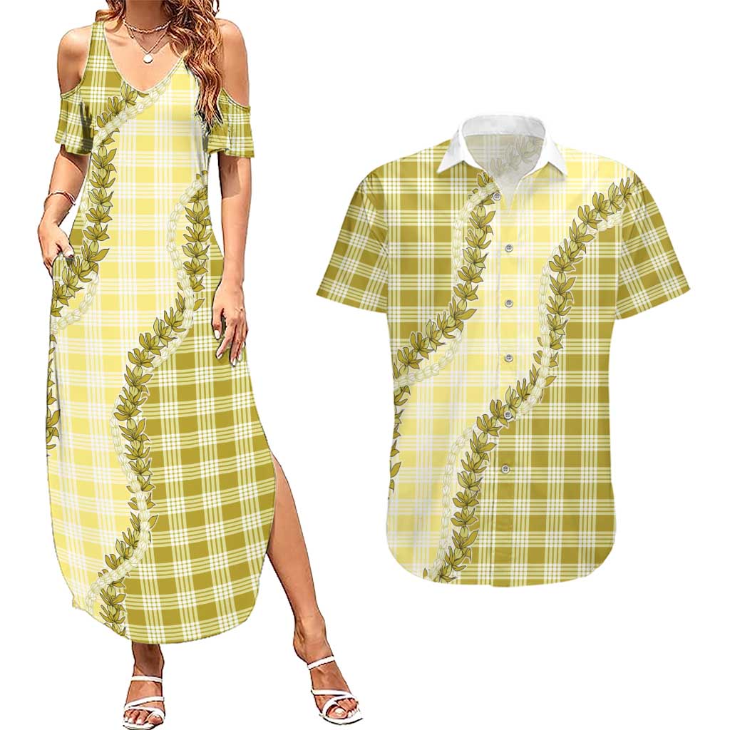 Yellow Hawaii Palaka Couples Matching Summer Maxi Dress and Hawaiian Shirt Hawaiian Pikake Lei