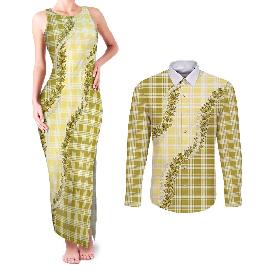 Yellow Hawaii Palaka Couples Matching Tank Maxi Dress and Long Sleeve Button Shirt Hawaiian Pikake Lei