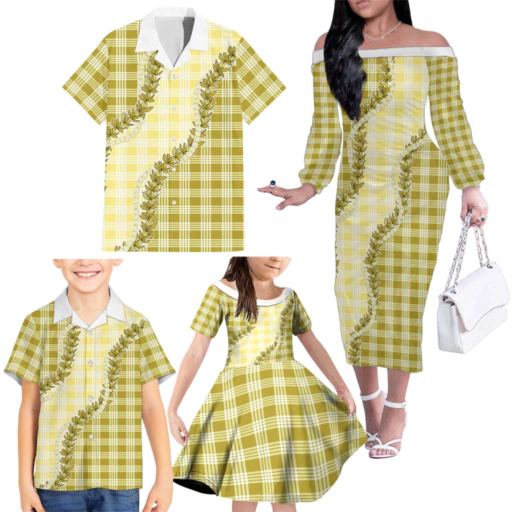 Yellow Hawaii Palaka Family Matching Off The Shoulder Long Sleeve Dress and Hawaiian Shirt Hawaiian Pikake Lei