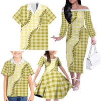 Yellow Hawaii Palaka Family Matching Off The Shoulder Long Sleeve Dress and Hawaiian Shirt Hawaiian Pikake Lei