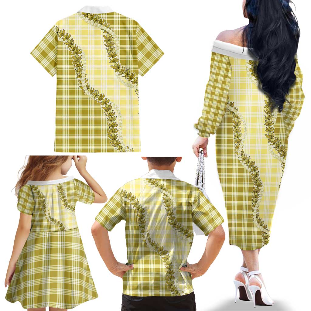 Yellow Hawaii Palaka Family Matching Off The Shoulder Long Sleeve Dress and Hawaiian Shirt Hawaiian Pikake Lei