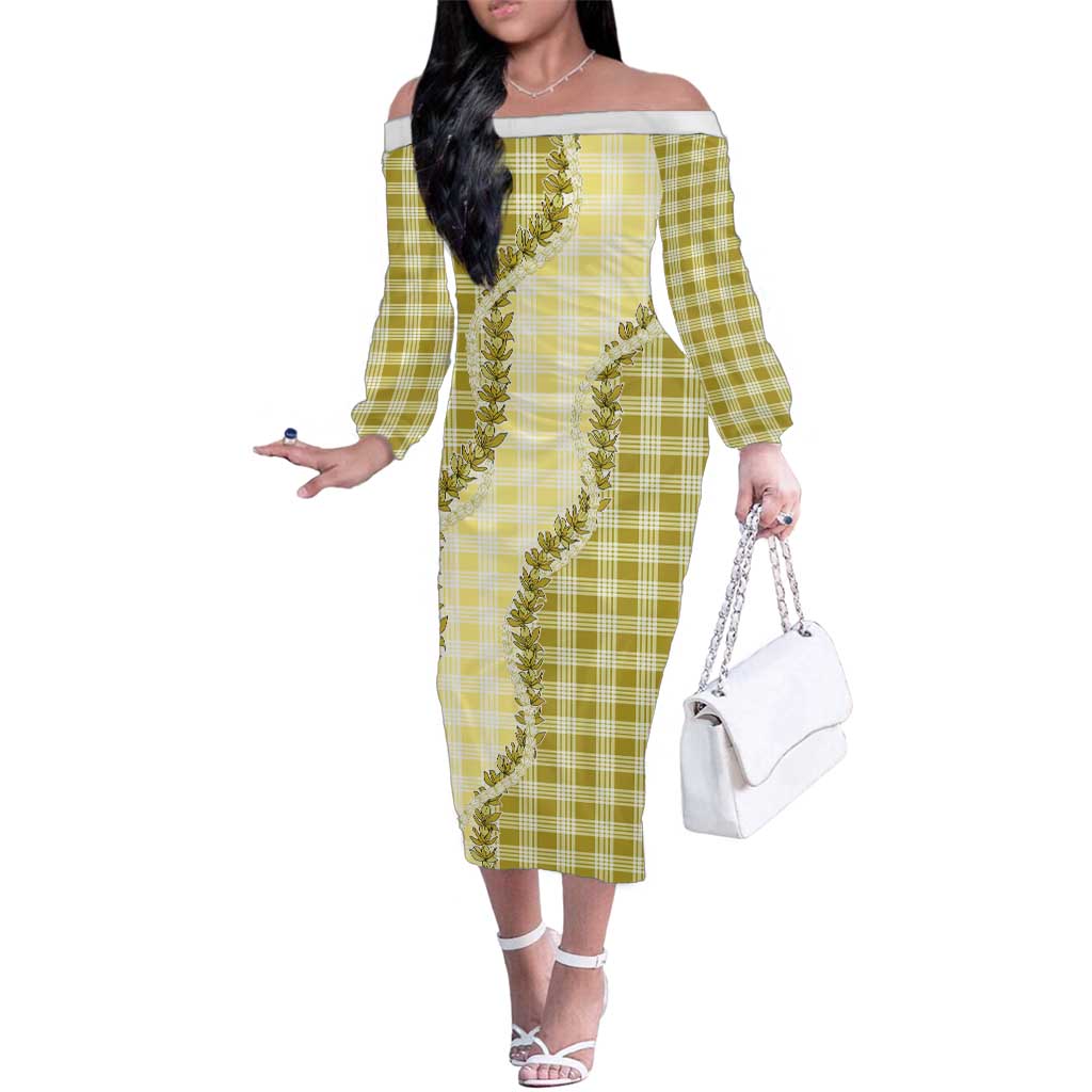 Yellow Hawaii Palaka Family Matching Off The Shoulder Long Sleeve Dress and Hawaiian Shirt Hawaiian Pikake Lei