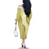 Yellow Hawaii Palaka Family Matching Off The Shoulder Long Sleeve Dress and Hawaiian Shirt Hawaiian Pikake Lei
