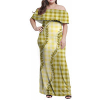 Yellow Hawaii Palaka Family Matching Off Shoulder Maxi Dress and Hawaiian Shirt Hawaiian Pikake Lei