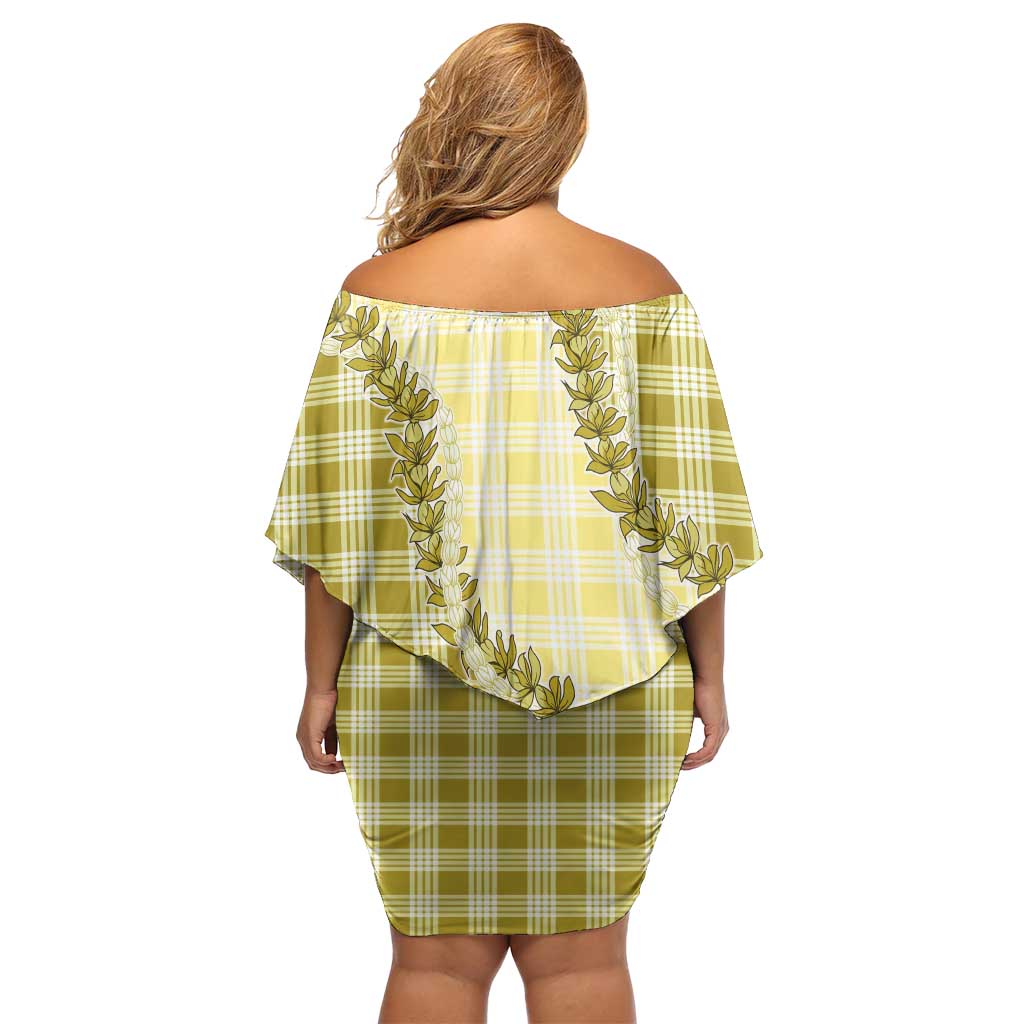 Yellow Hawaii Palaka Family Matching Off Shoulder Short Dress and Hawaiian Shirt Hawaiian Pikake Lei