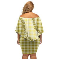 Yellow Hawaii Palaka Family Matching Off Shoulder Short Dress and Hawaiian Shirt Hawaiian Pikake Lei
