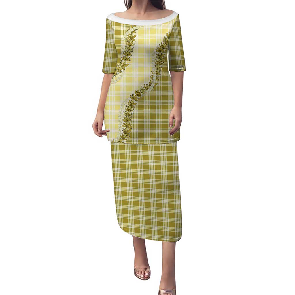Yellow Hawaii Palaka Family Matching Puletasi and Hawaiian Shirt Hawaiian Pikake Lei