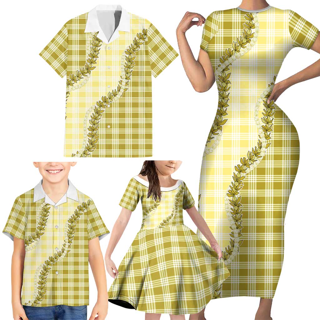 Yellow Hawaii Palaka Family Matching Short Sleeve Bodycon Dress and Hawaiian Shirt Hawaiian Pikake Lei