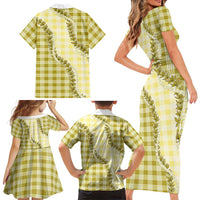 Yellow Hawaii Palaka Family Matching Short Sleeve Bodycon Dress and Hawaiian Shirt Hawaiian Pikake Lei