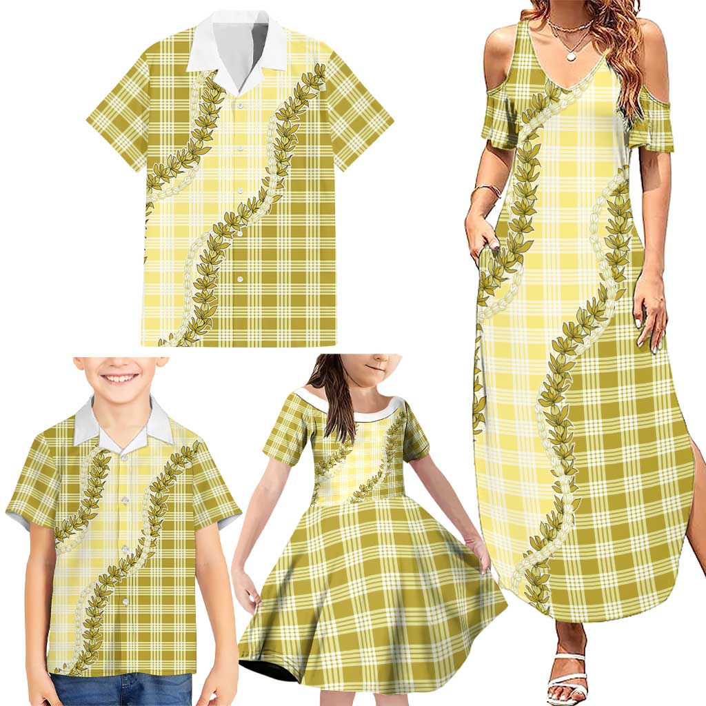 Yellow Hawaii Palaka Family Matching Summer Maxi Dress and Hawaiian Shirt Hawaiian Pikake Lei