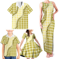 Yellow Hawaii Palaka Family Matching Tank Maxi Dress and Hawaiian Shirt Hawaiian Pikake Lei