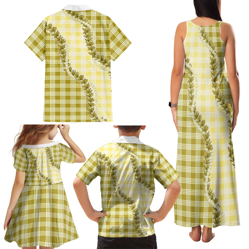 Yellow Hawaii Palaka Family Matching Tank Maxi Dress and Hawaiian Shirt Hawaiian Pikake Lei