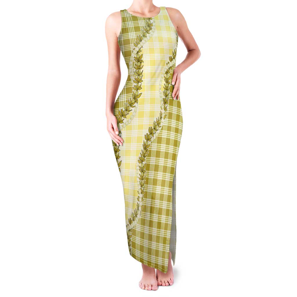 Yellow Hawaii Palaka Family Matching Tank Maxi Dress and Hawaiian Shirt Hawaiian Pikake Lei
